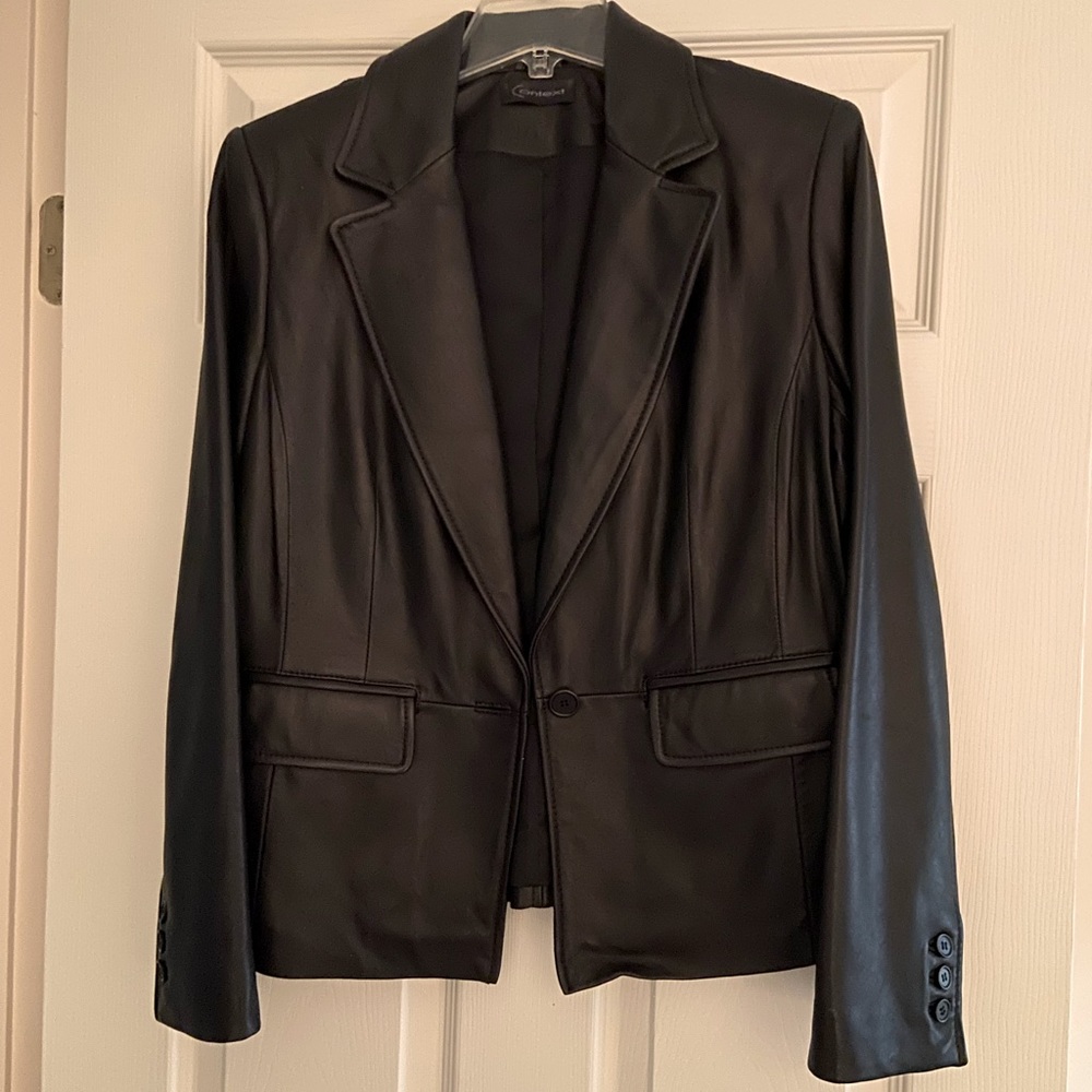 Women’s genuine black leather blazer jacket.